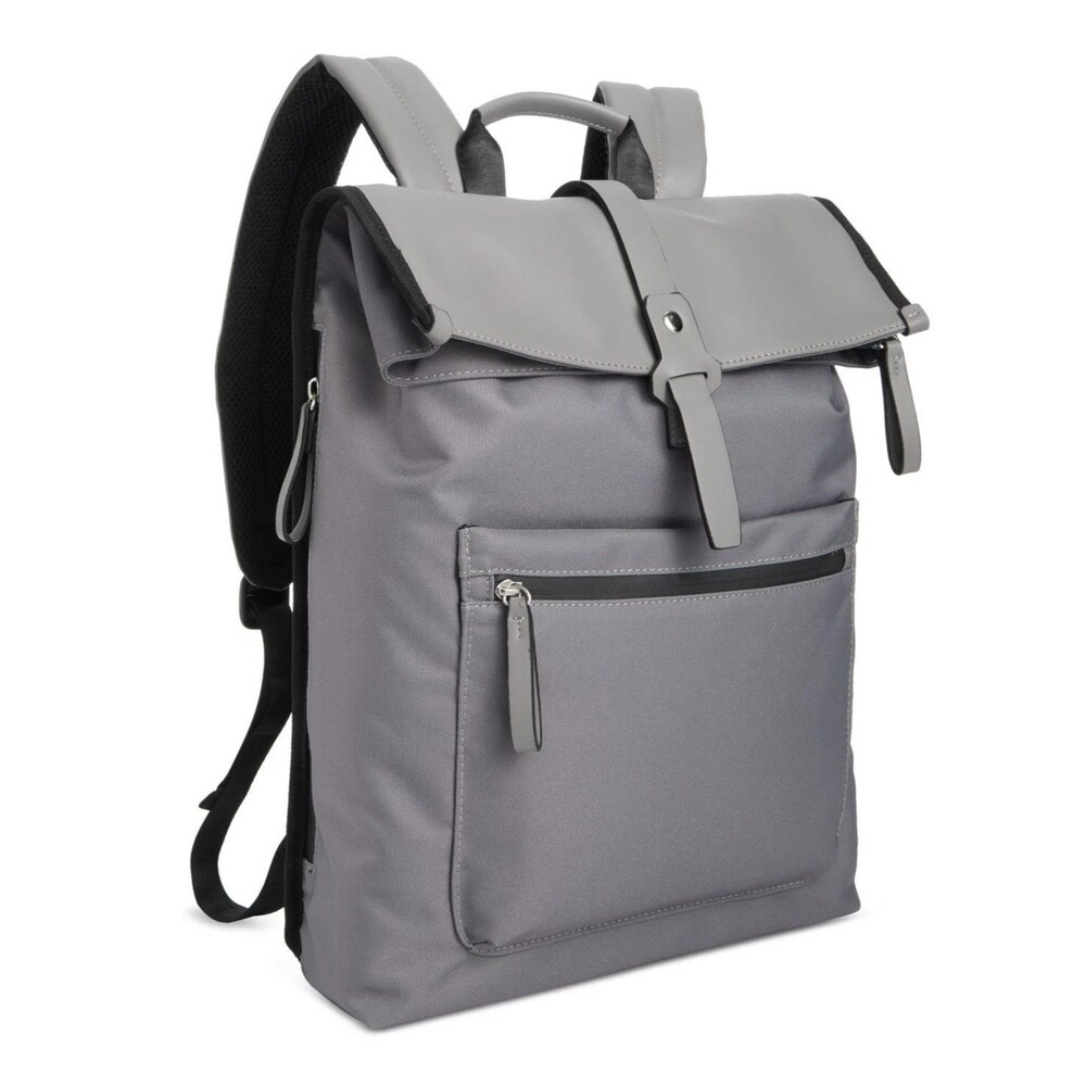 ALFANI Backpack Grey Canvas Roll Top Backpack Faux Leather Trim Laptop Sleeve - Picture 2 of 13